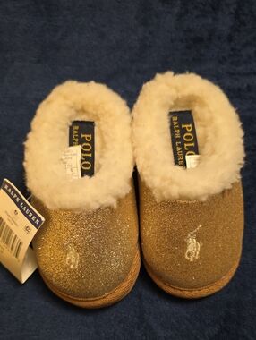NWT Ralph Lauren Gold Glitter Slip-On Slippers with Cream Shearling
